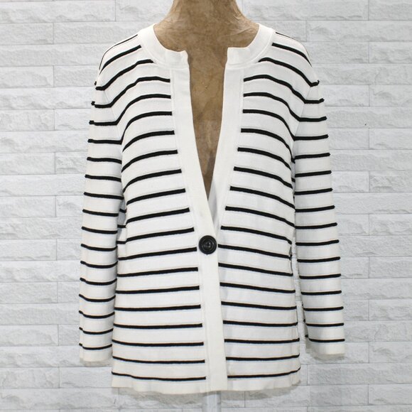 JONES NEW YORK Cardigan Knit Stripe Collarless Open Front Black White Medium - Picture 1 of 13
